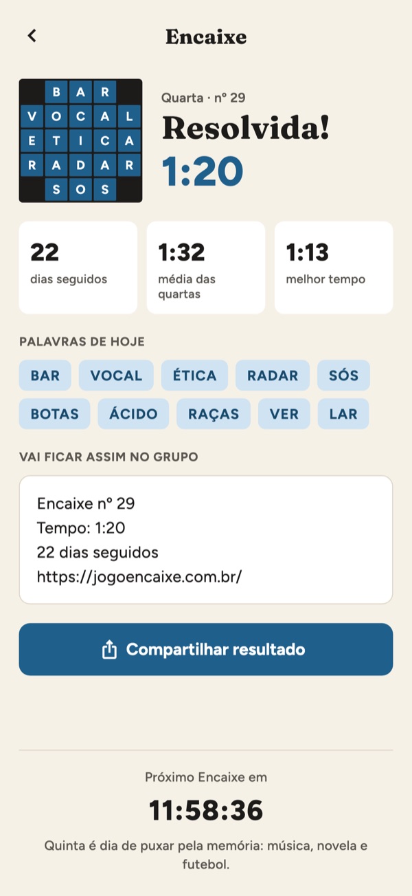 Resultado do Encaixe com o tempo para compartilhar